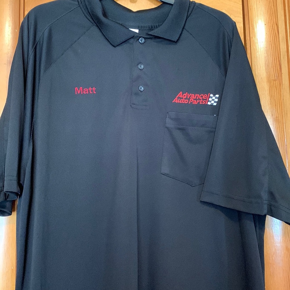 Mens black Advanced Auto Parts embroidered polo shirt.